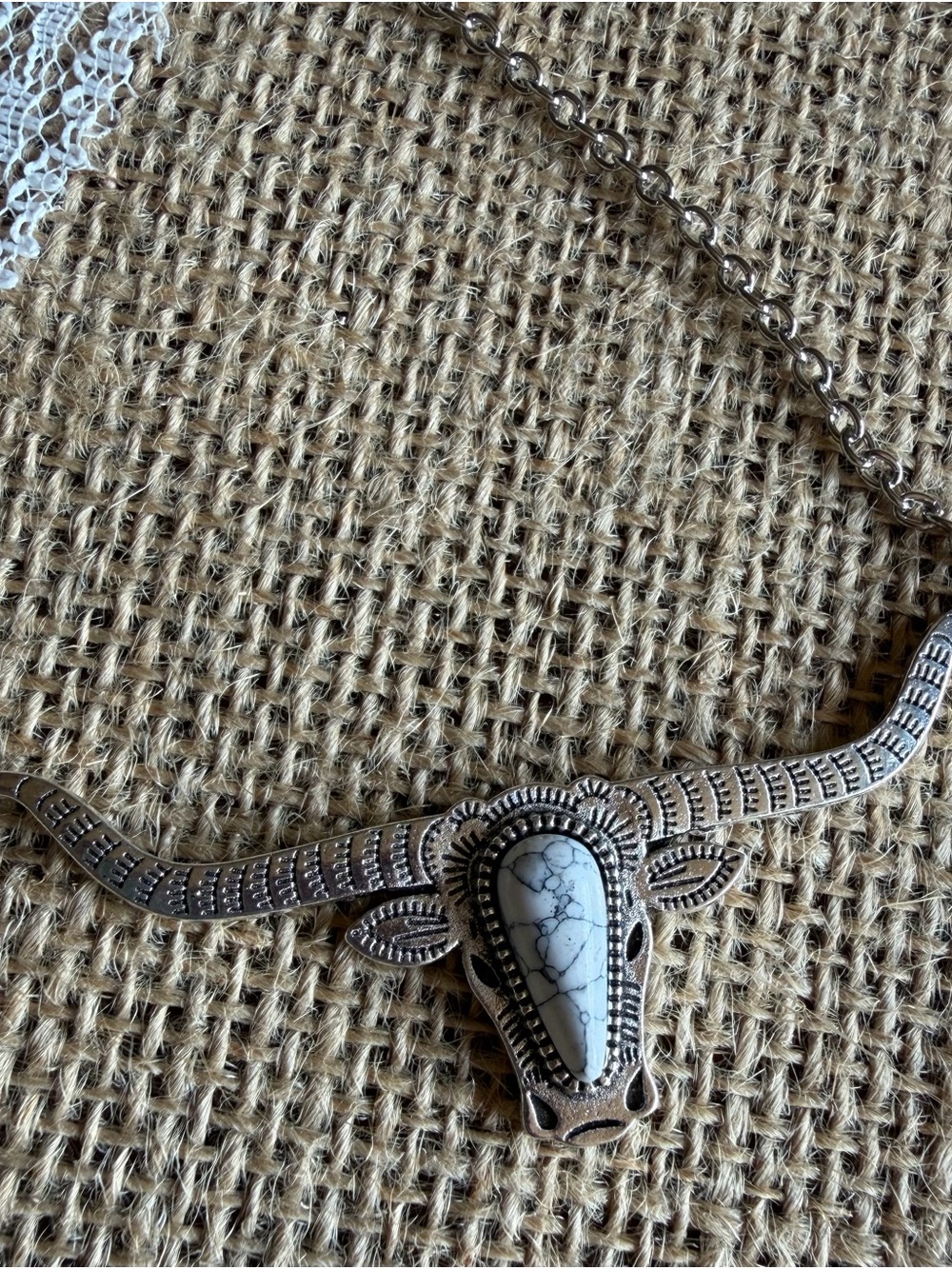 Western Longhorn Faux White Turquoise Necklace Silver Tone Cow Skull Pendant
